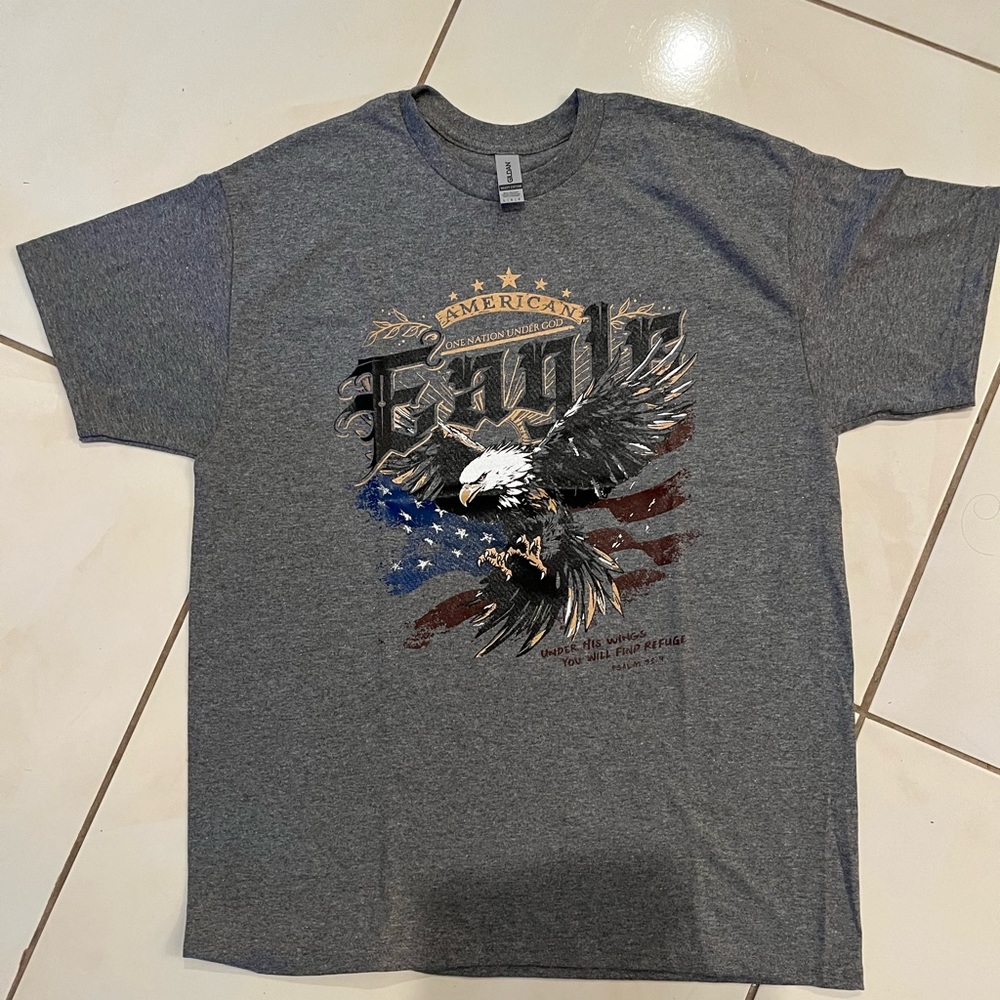 NWOT Patriotic Eagle USA flag tee shirt heather gray sz Large Gildan